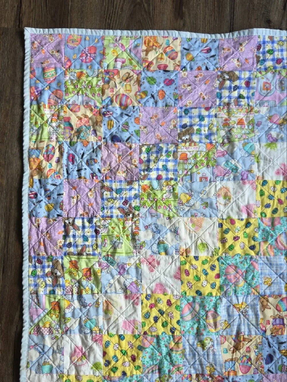 Handmade Pastel Patchwork  Baby Quilt Easter  Bunny Yellow Purple Blue